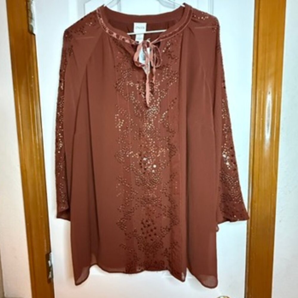 Chico's Embellished Peasant Top in Rich Mahogany, size L (Chico's 2) - NWT!